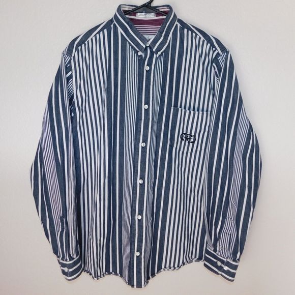 Longhorn Striped Button Up Shirt Adult L Cotton Collared Logo Long Sleeve Casual - Picture 1 of 8